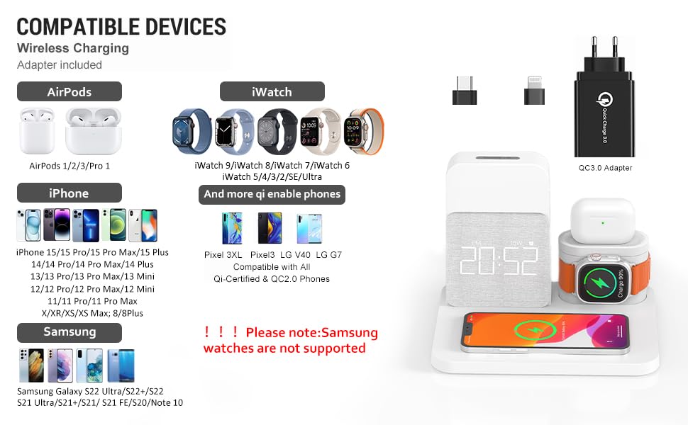 COLSUR 3 in 1 Wireless Charging Station, Mag-Safe 15W Wireless Charger with Alarm Clock, Night Light, Wireless Charger Stand for iPhone 15 14 13 12 11 X Pro Max, Apple Watch, AirPods