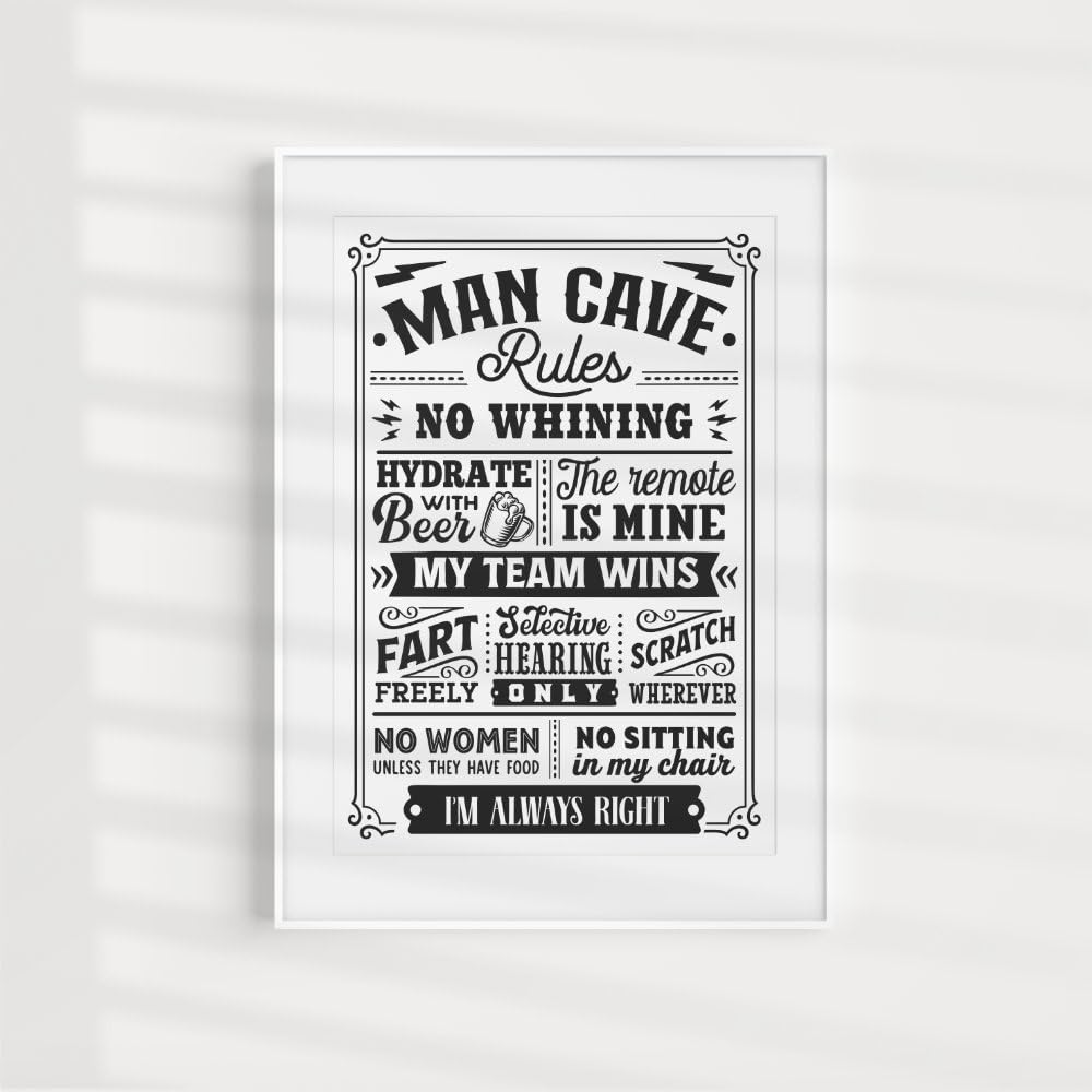 - Maise & Rose Man Cave Gift | Funny Man Cave Rules A4 Unframed Black and White Print | Man Cave Wall Art -