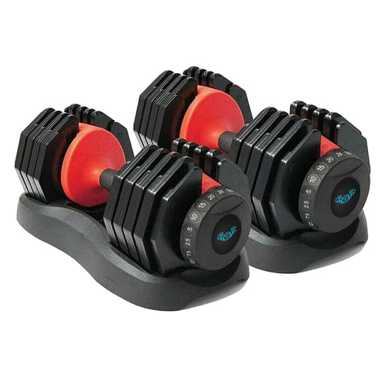 BRAINGAIN 15 in 1 Adjustable Dumbbell 24kg PAIR Easy Safe Locking Mechanism Home Fitness Gym Equipment 2x24KG Red