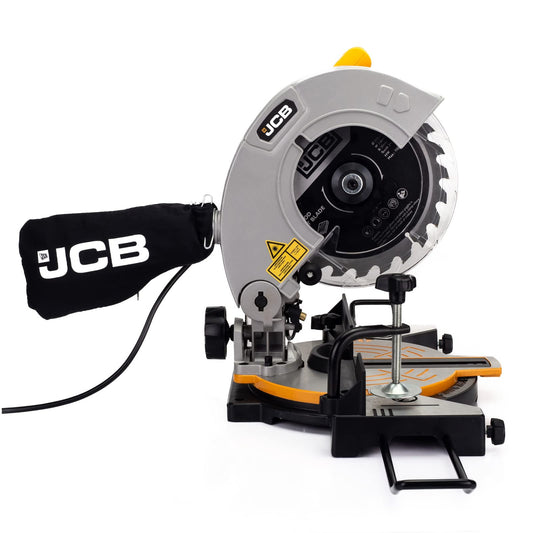 - JCB 210mm Mitre Saw with Laser Guide | 4 Cut Settings & Dust Collection Feature | 45 Degrees | 5500rpm | Soft Grip Handle -