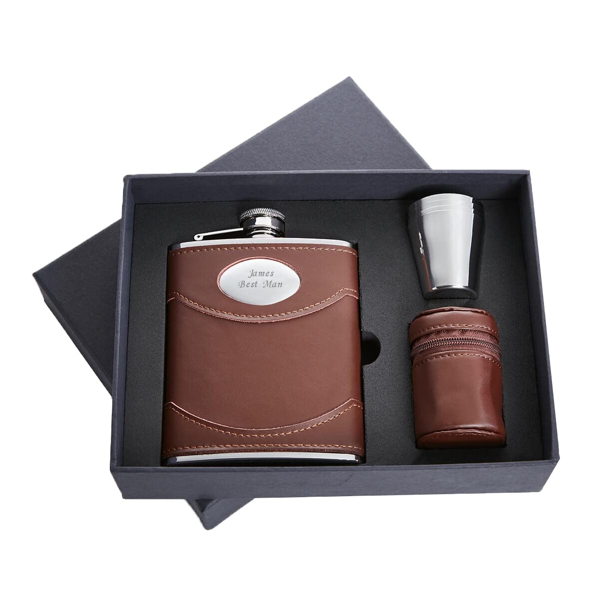 - Personalised 6oz Brown Leather Hip Flask & Cups -