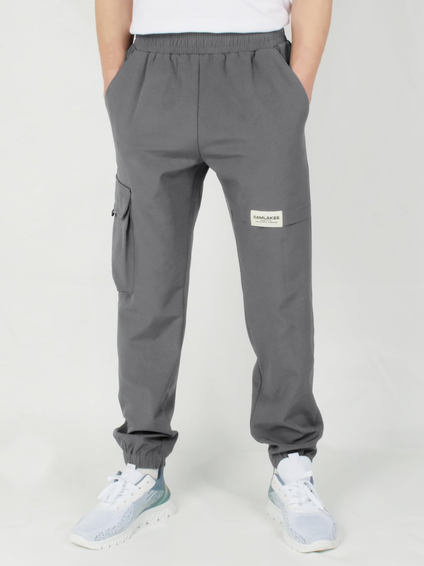 CAMLAKEE Kids Softhell Hiking Trousers Boys Waterproof Outdoor Cargo Pants Walking Jogging Bottoms with Elastic Waist Grey UK:6-7 Years (manufacturers's size: 130)