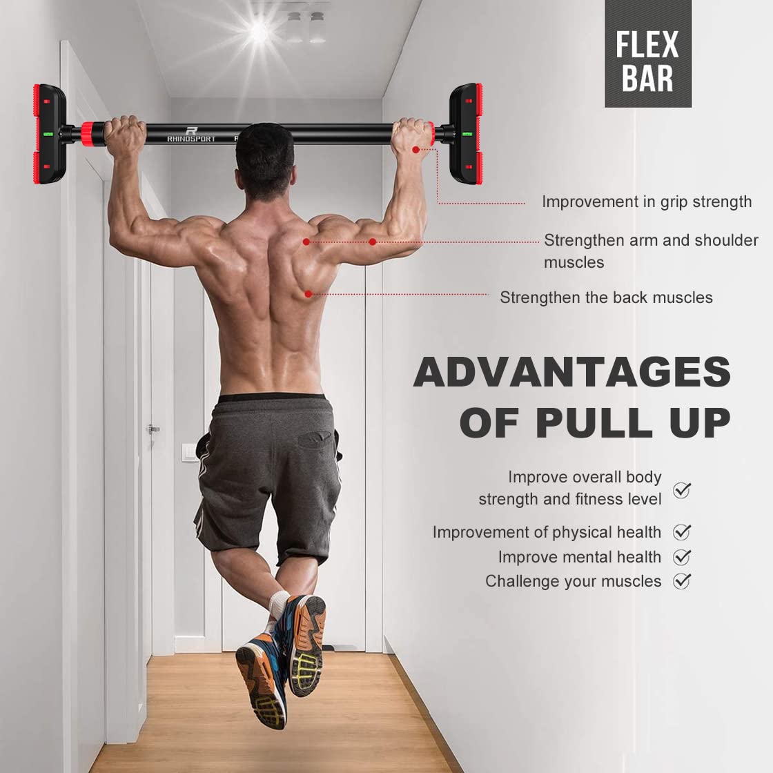 - RHINOSPORT Door Pull Up Bar | Chin Up Bar from 72-95 cm (28.3in-37.4in) -