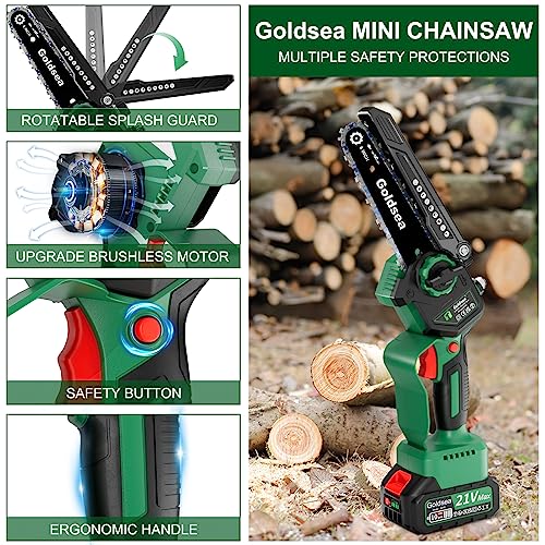 - Mini Chainsaw Brushless | Goldsea 6-Inch Electric Cordless Chainsaw | 2 x 4000mAh Batteries -