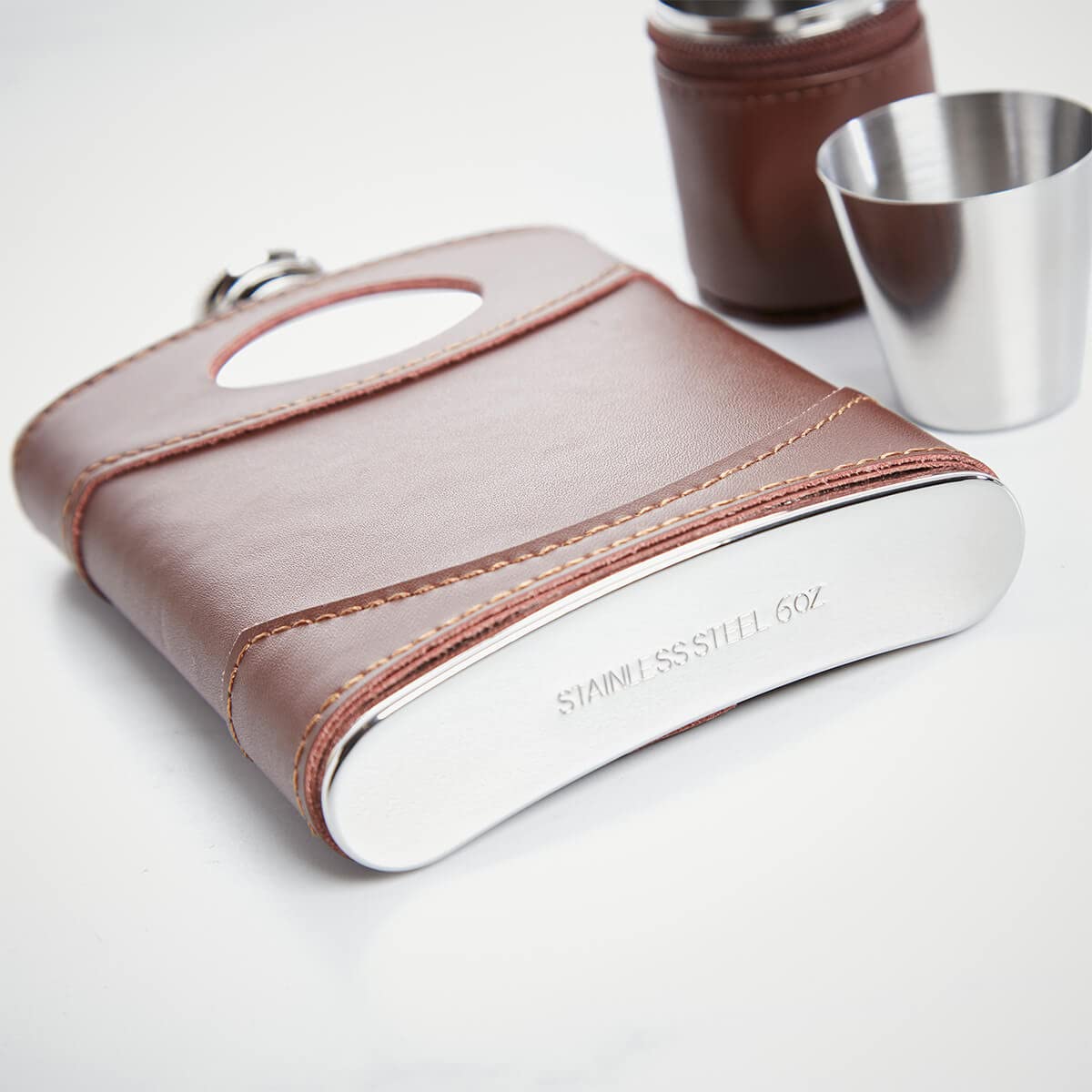 - Personalised 6oz Brown Leather Hip Flask & Cups -