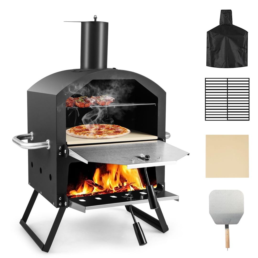 - TANGZON Outdoor Pizza Oven | 2 Tier Wood-fired Pizza Maker | Waterproof Cover -