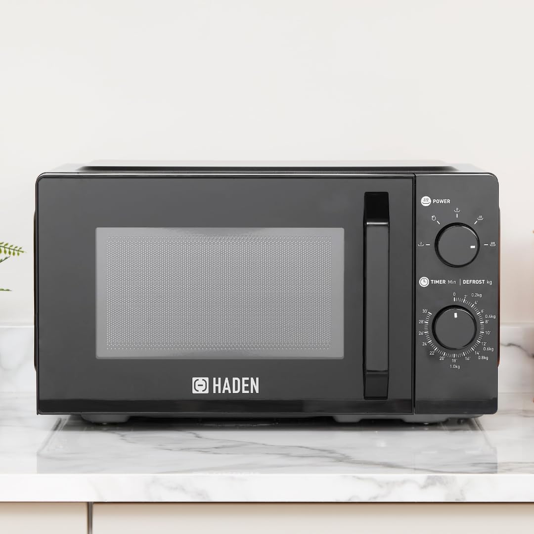 - Haden 17L Black Microwave Oven | Silent End Signal | 700W Microwave with 5 Power Levels | Manual Controls | Defrost Function -