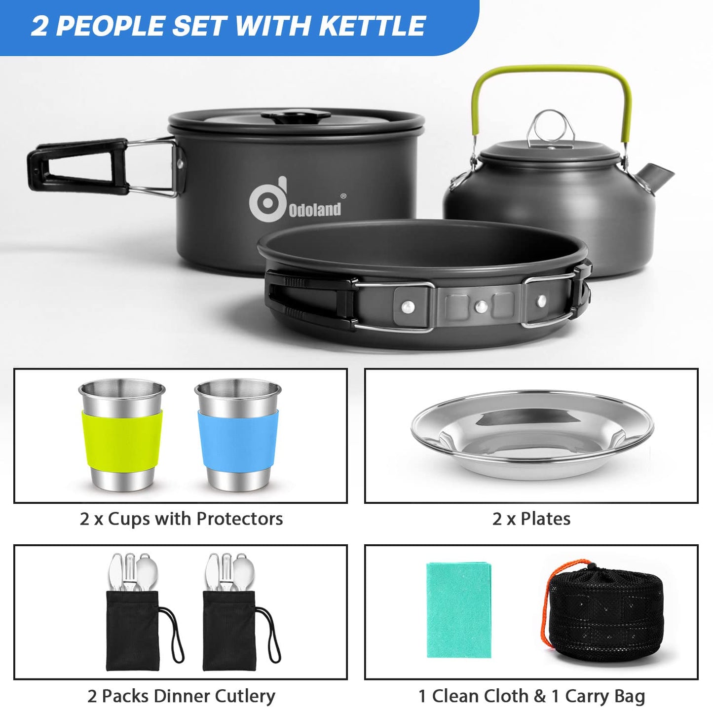 - Odoland Camping Cookware Set |Non Stick Pot Pan Kettle Set | Stainless Steel Cups | Plates -