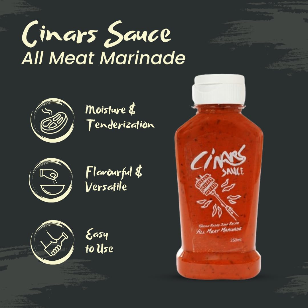 Cinars Sauce - All Meat Marinade - Blend of Spices & Herbs with Smoke Flavouring - Perfect for Marinating Meats - Beef, Chicken, Pork, or Seafood - All Natural Ingredients, 250ml