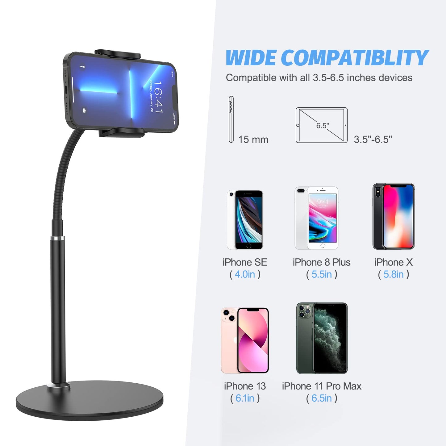 Cell Phone Stand Holder, 360°Flexible Adjustable Desktop Phone Stand with Stable Base, Lazy Desk Stand for iPhone 14 13 12 11 Pro Xs Max XR X 8 7 6 6s Plus Samsung S22 S21 (3.5"-6.5")