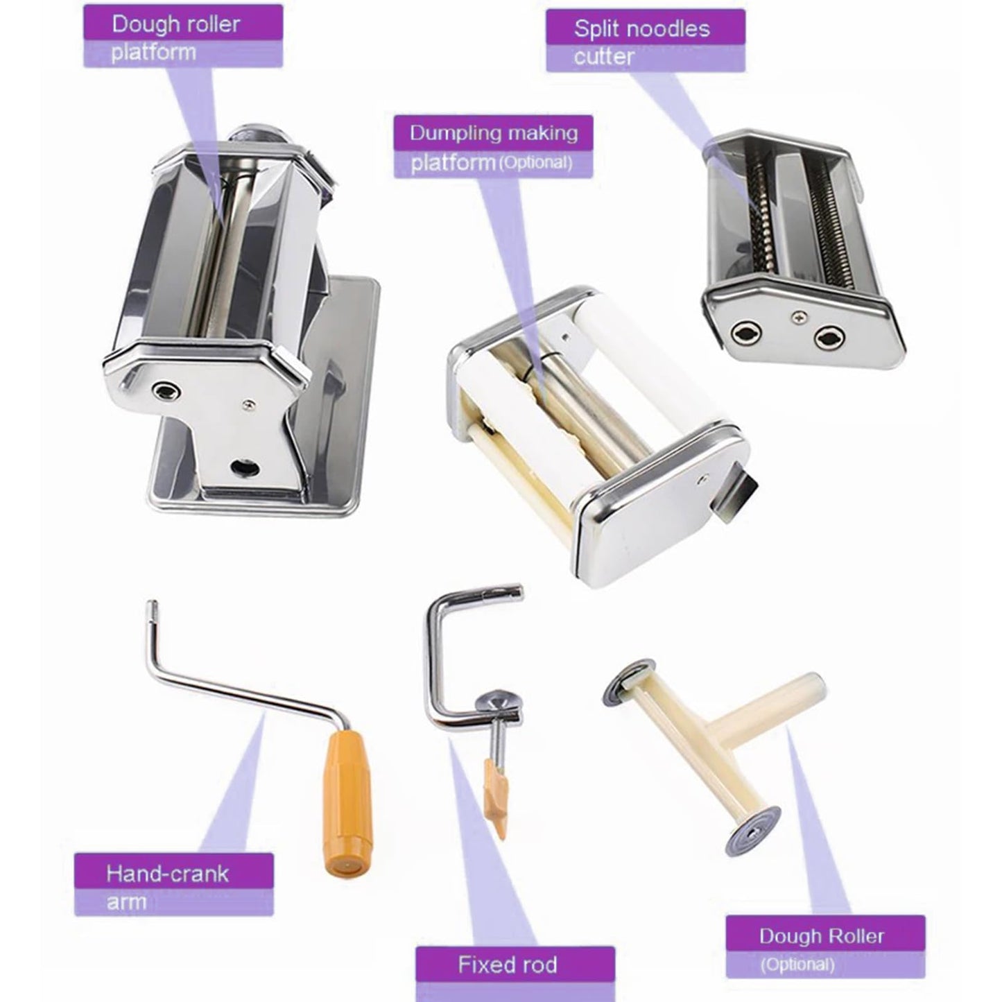 5 in 1 Stainless Steel Fresh Pasta Maker Machine Lasagne Spaghetti Tagliatelle Ravioli Professional Fresh Pasta Maker Noodle Maker Machine Cutter with 3 Cut Press Blade Settings with Drying Rack