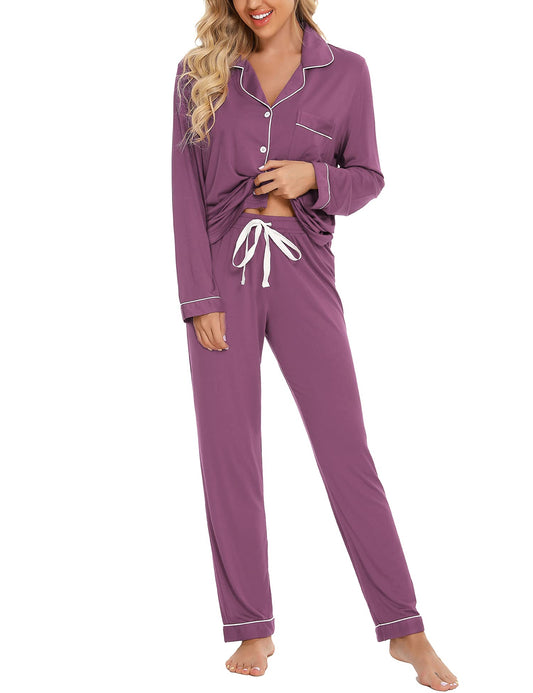- Samring Women's Button Down Pajama Set | V-Neck Long Sleeve Sleepwear -