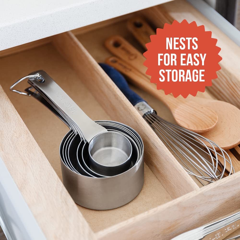 Chef Pomodoro Stainless Steel Measuring Cups, 7-Piece Set, Sturdy Long Handles, Nesting and Stackable, Metal Kitchen Spoons for Wet and Dry Ingredients