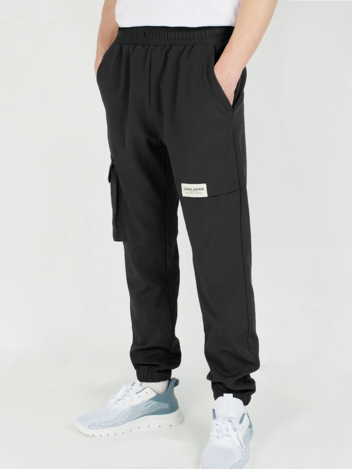 CAMLAKEE Kids Softhell Hiking Trousers Boys Waterproof Outdoor Cargo Pants Walking Jogging Bottoms with Elastic Waist Black UK:13-14 Years (manufacturers's size: 170)