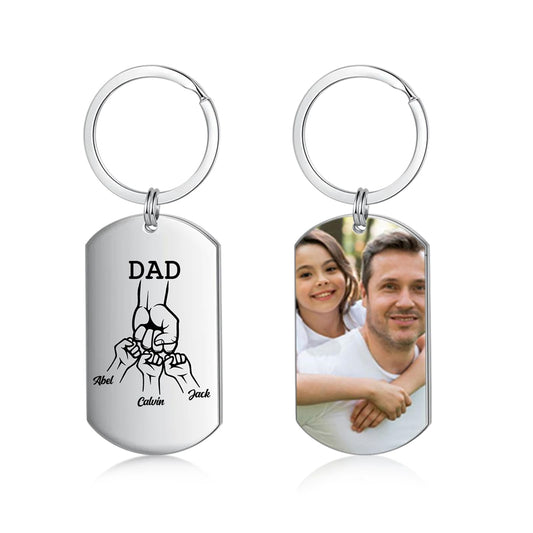 Dad Keyring Personalised with Names Photo Engraved Fathers Day keychain from Son and Daughter Gift for Christmas Birthday (3 names)