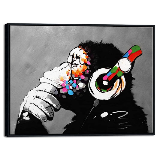 - Large Black Framed Monkey With Headphones Banksy