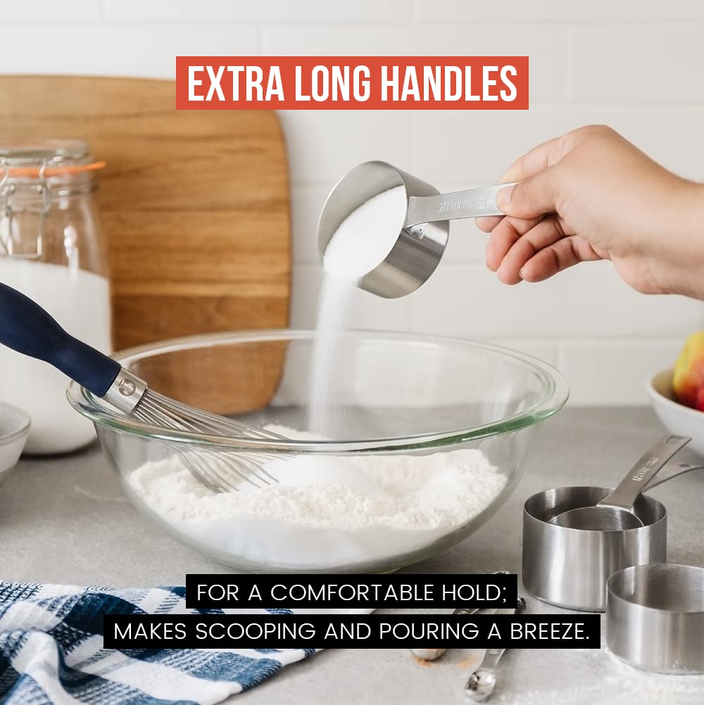 Chef Pomodoro Stainless Steel Measuring Cups, 7-Piece Set, Sturdy Long Handles, Nesting and Stackable, Metal Kitchen Spoons for Wet and Dry Ingredients