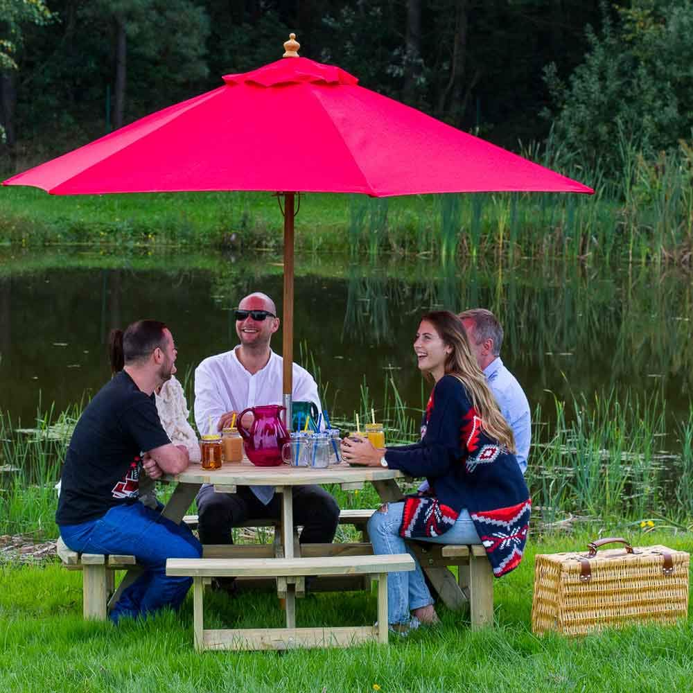 BrackenStyle Wooden Round Table with Bench and Parasol Hole - 1 Piece Furniture Outdoor Dining for Picnic, Garden, Patio, 8 People Seater with 1.8M Diameter (Green Pine)