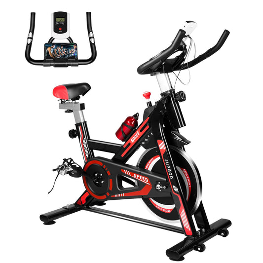 - Jupgod Stationary Exercise Bike | Indoor Cycling Bike | Slient Flywheel | LCD Monitor | Comfortable Seat -