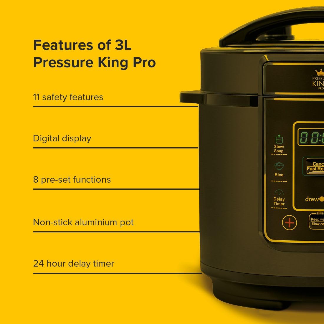- Drew & Cole Pressure King Pro Electric Pressure Cooker 3L | 700W | Chrome | 8-in-1 Multi Cooker with Digital Display | Non Stick Pot -