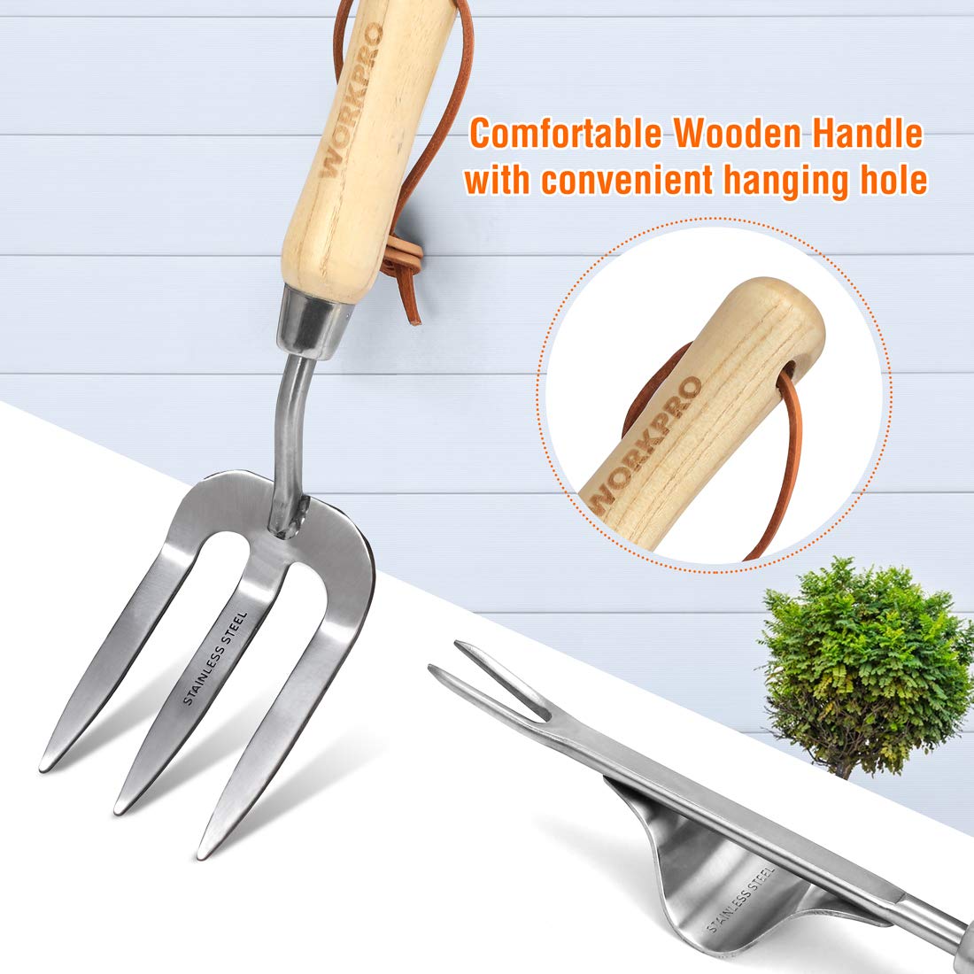 - WORKPRO 7 Piece Garden Tools Set, Stainless Steel Hand Tools with Wooden Handle, Including Gloves, Trowel, Weeder, Hand fork, Hand Rake, Transplanter, Pruner and Garden Tote