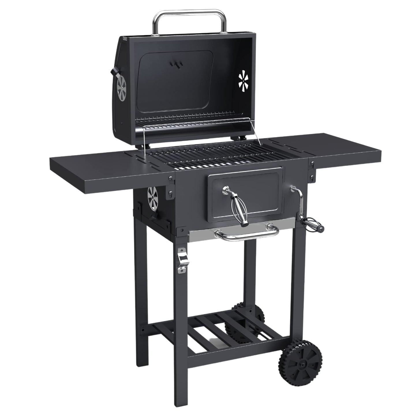 Charcoal BBQ Grill Smoker Stainless Steel with Folding Side Table Shelves, Built-In Thermometer, Wheels, Adjustable Height Outdoor Barbecue BillyOh Kentucky, Black