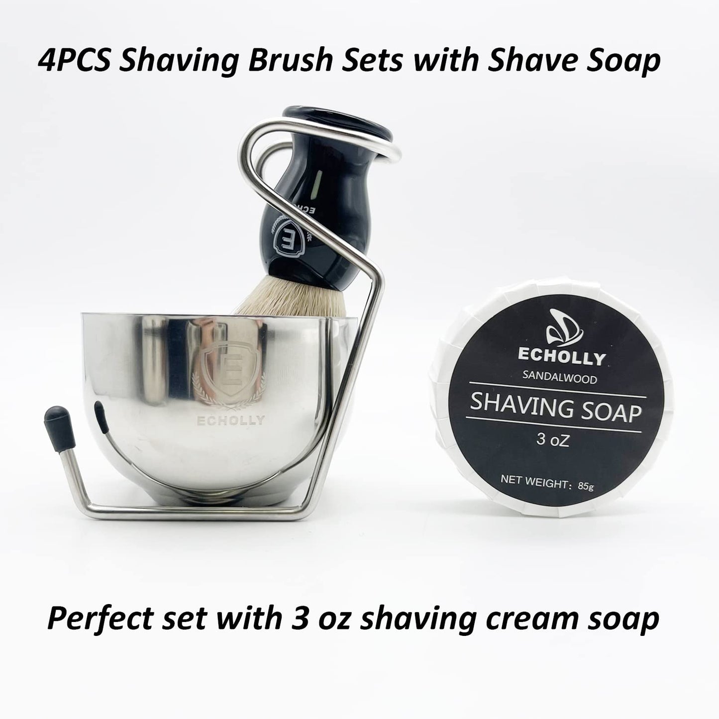4pcs Shaving Brush Set by Echolly-Premium Mens Shaving Brush,Stainless Steel Stand,Bowl,Shaving Cream Soap,Wet Shaving Kit for Men,Boyfriends,Fathers