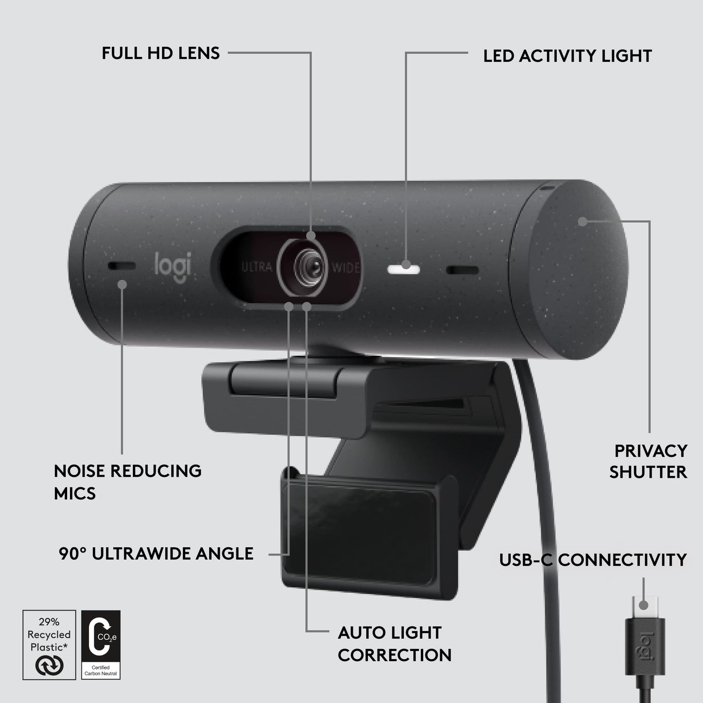 - Logitech Brio 500 Full HD Webcam | Auto Light Correction -
