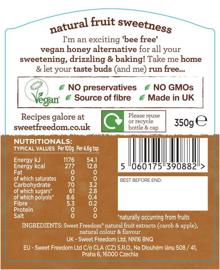 - Sweet Freedom Honeee Syrup for Coffee & Drizzling | Only 13 Calories Per Teaspoon - For Frappes, Cocktails, Pancakes & Porridge | 350g | Pack of 1 -