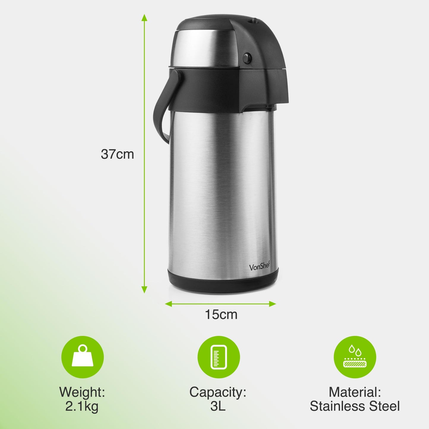 - VonShef Airpot, 3L Stainless Steel Coffee Dispenser with Vacuum Pump