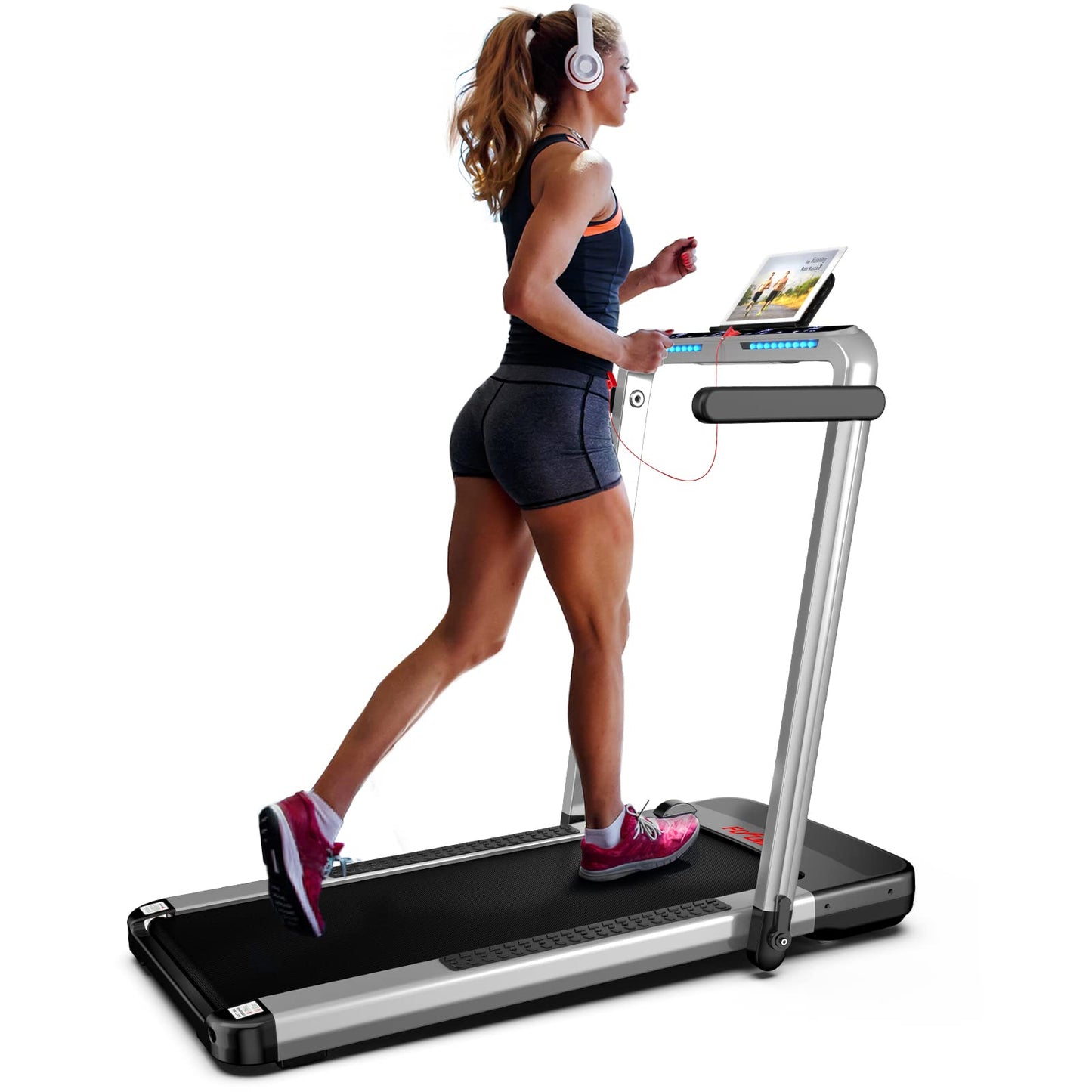2 in 1 Folding Treadmill, FLYLINKTECH Home Quiet Treadmill with Bluetooth Control, Wide Running Belt, Transport Wheels, 14 km/h, 12 Exercise Modes, LCD Display (Two-year warranty)