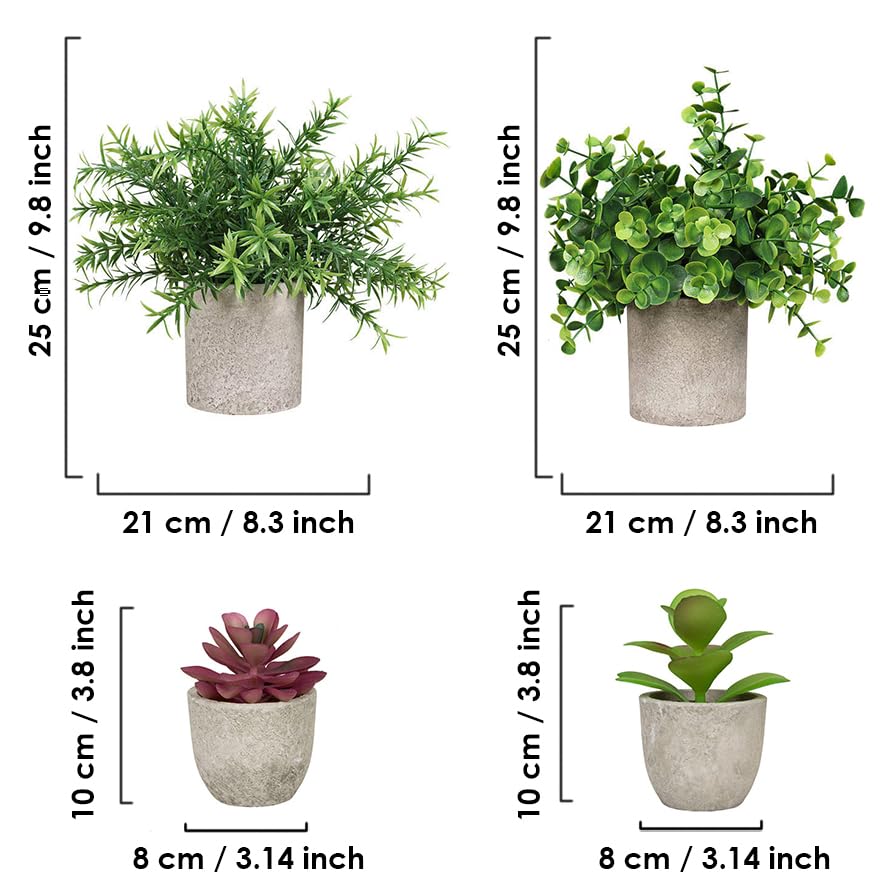 AlMuflihoon Set of 4 Artificial Plants Potted Fake Mini Faux Plant Foliage Eucalyptus Rosemary Succulents for Room Decor Home Kitchen Garden Office Indoor and Outdoor Decoration