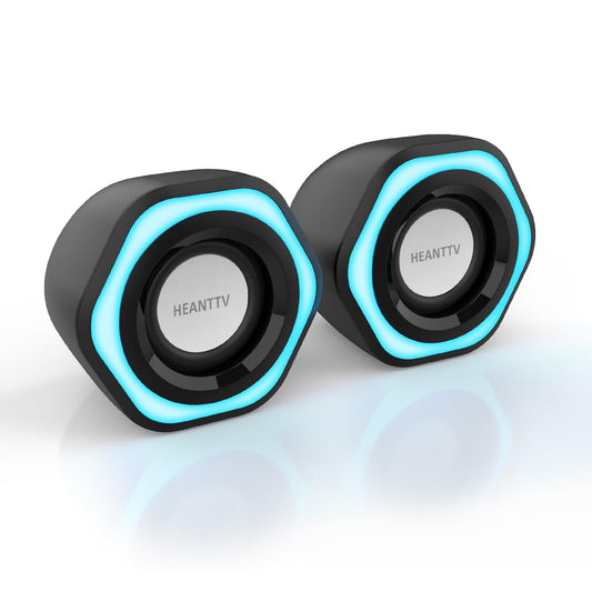 - HEANTTV Computer Speaker | PC Speakers for Desktop Monitors | 2.0 Stereo Volume Control with LED Light | USB Powered & 3.5 mm jack -