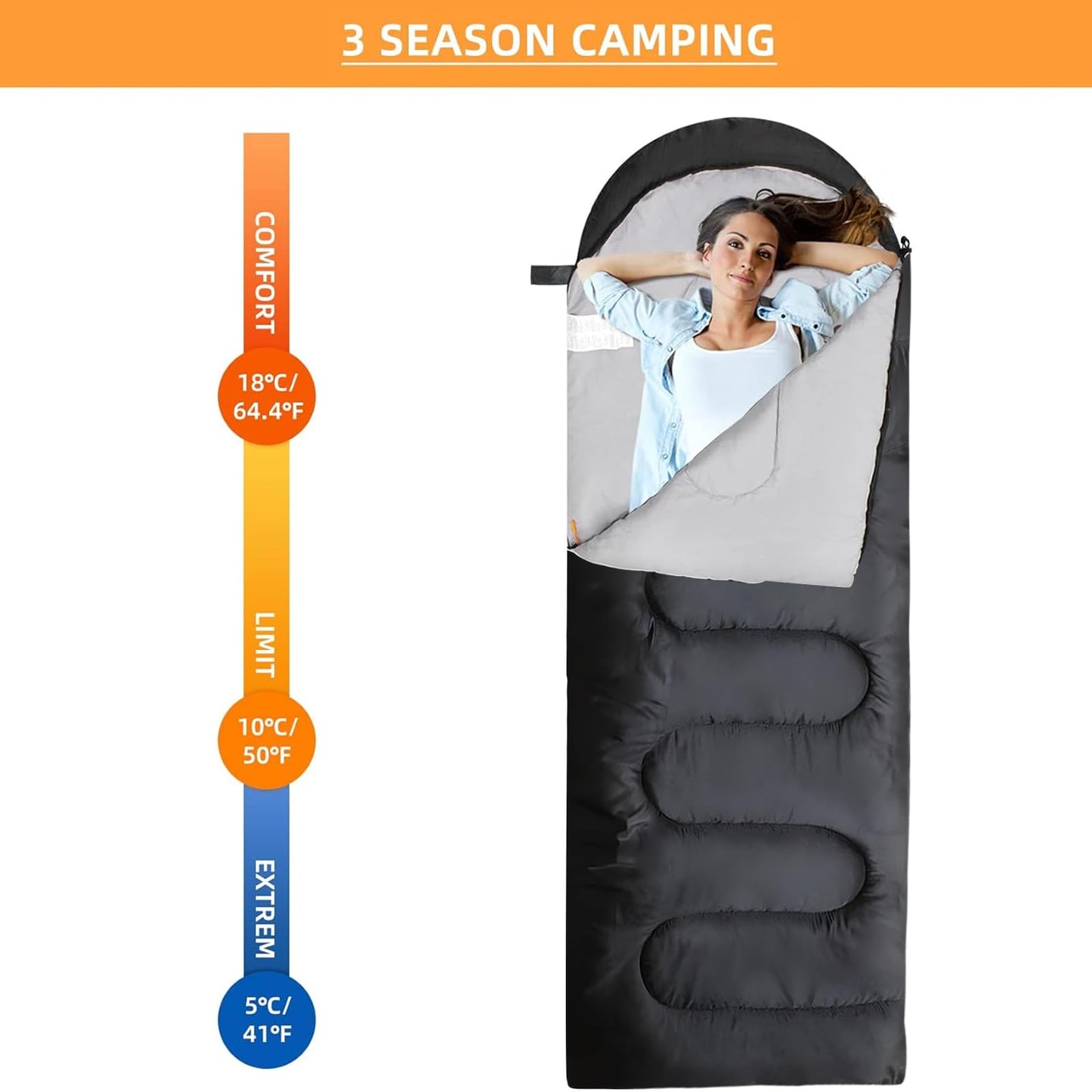 ACTIVE FOREVER Rectangular Sleeping Bag 3 Seasons - Lightweight Camping Sleeping Bags for Kids and Adults Indoor & Outdoor, Sleeping bag with Compression Sack for Hiking Backpacking, Black