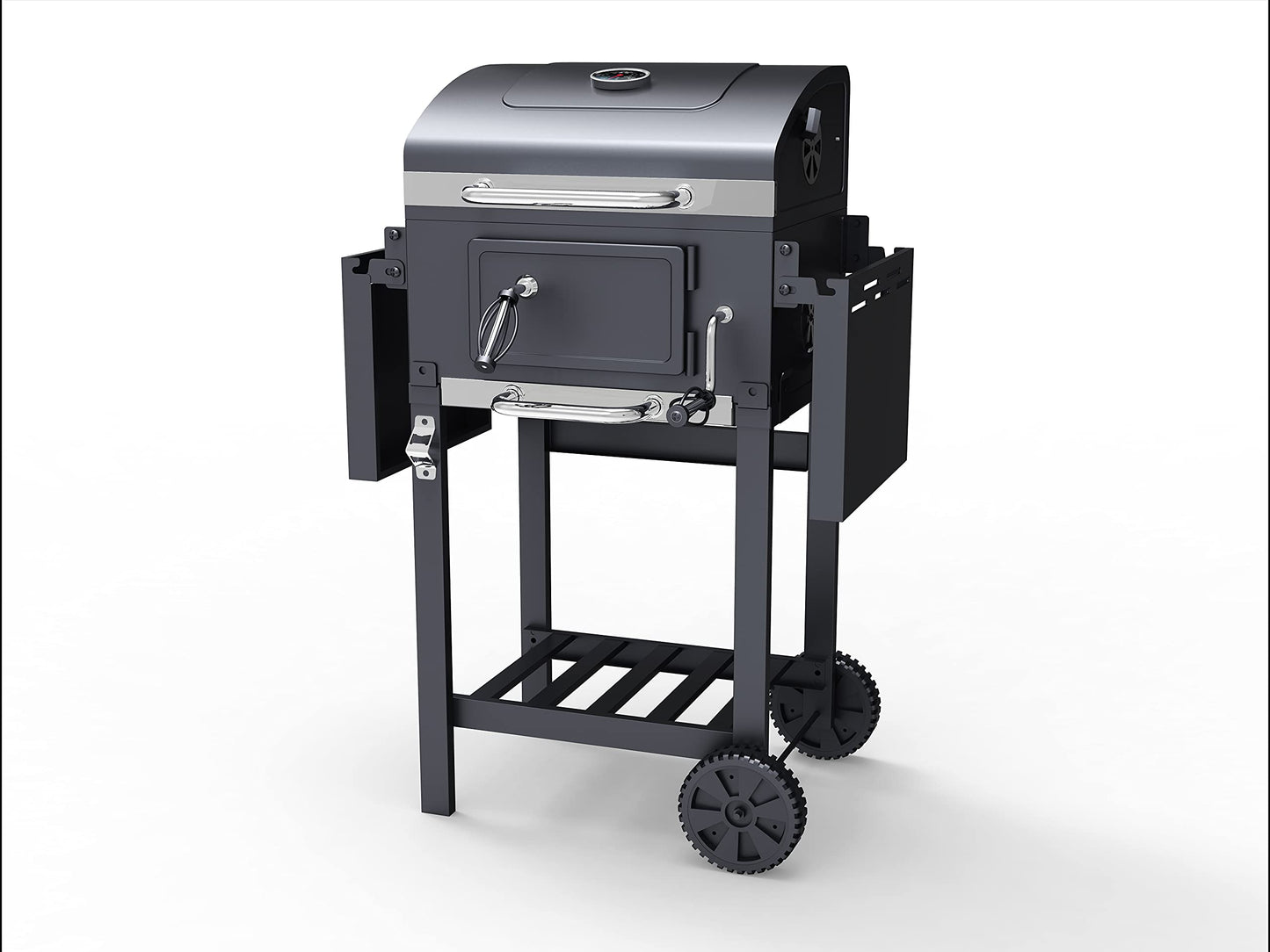 Charcoal BBQ Grill Smoker Stainless Steel with Folding Side Table Shelves, Built-In Thermometer, Wheels, Adjustable Height Outdoor Barbecue BillyOh Kentucky, Black