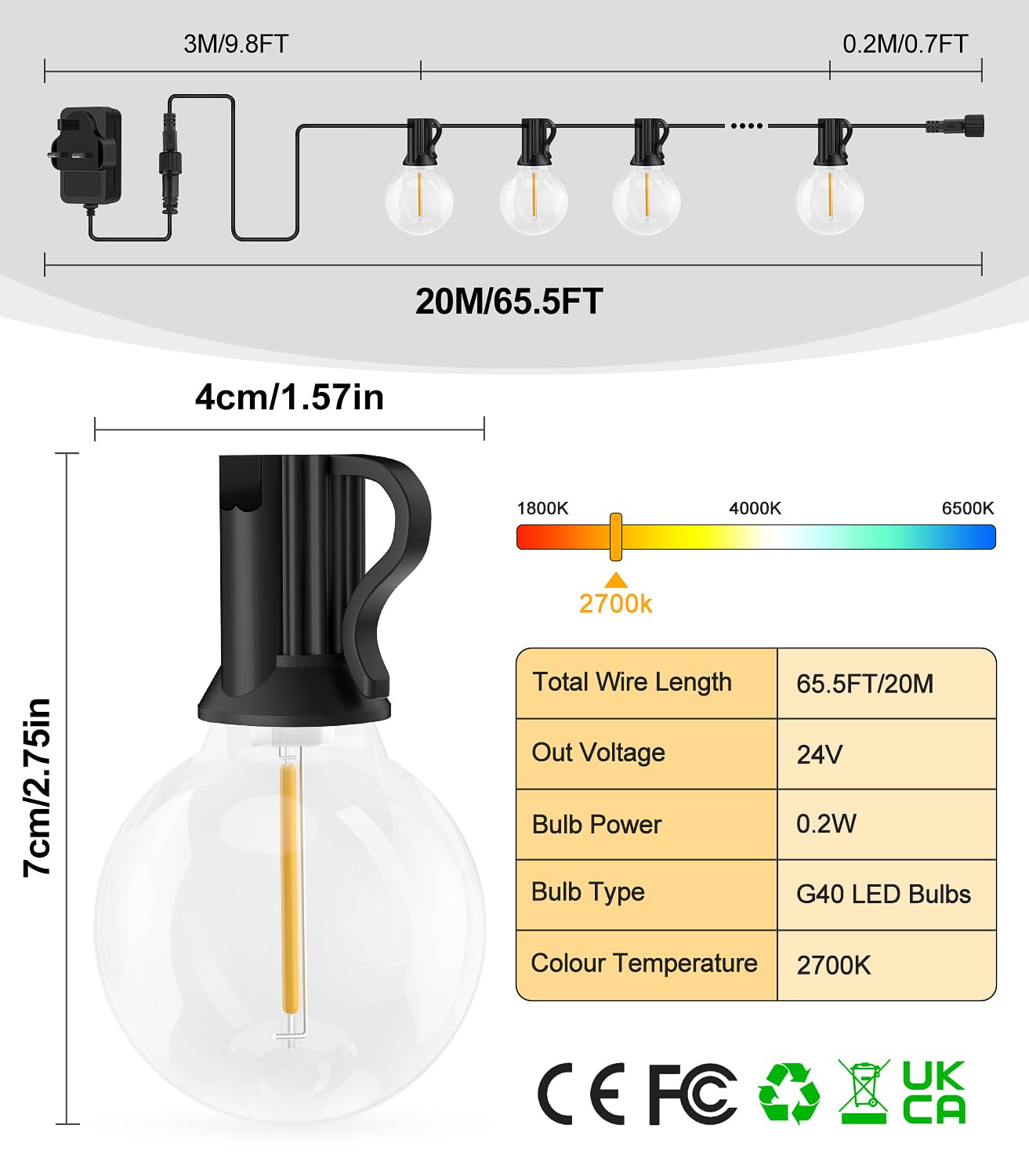 - Festoon Outdoor Lights Mains Powered | 65.5FT 20M G40 Garden Outside Festoon Lights -