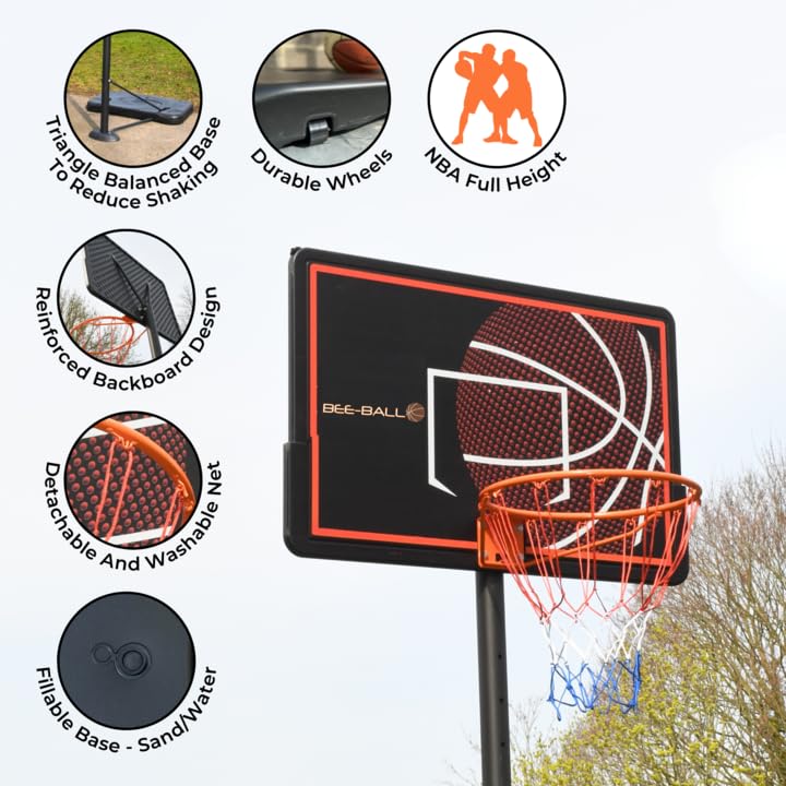 BEE-BALL Pro Bound ZY-015 Full NBA Size 10ft Adjustable Basketball hoop and stand | Outdoor Basketball Backboard and Basketball Net Hoop for Adults/Kids| (3.05m)