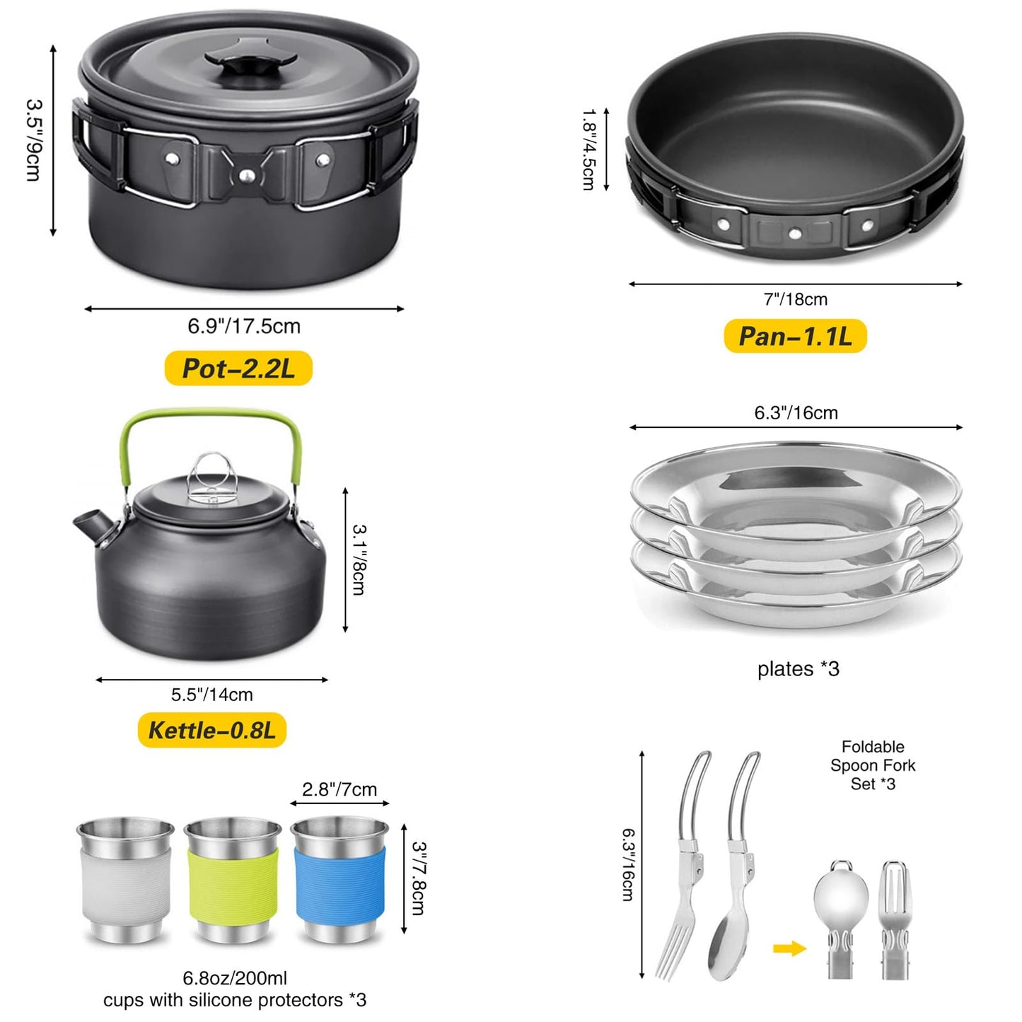Camping Cookware Mess Kit, 19pcs Cooking Gear for Outdoor, AUHOU Cooking Equipment with Aluminum Pot and Pan Set, Stainless Steel Cup, Foldable Camping Pots for Hiking, Picnic