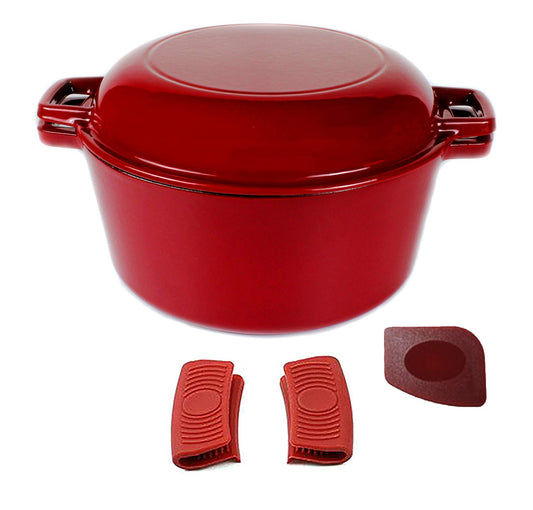 - Pinnacle Cookware  | 4.73 Litre / 5 Quart Enameled Red Cast Iron Double Dutch Oven -