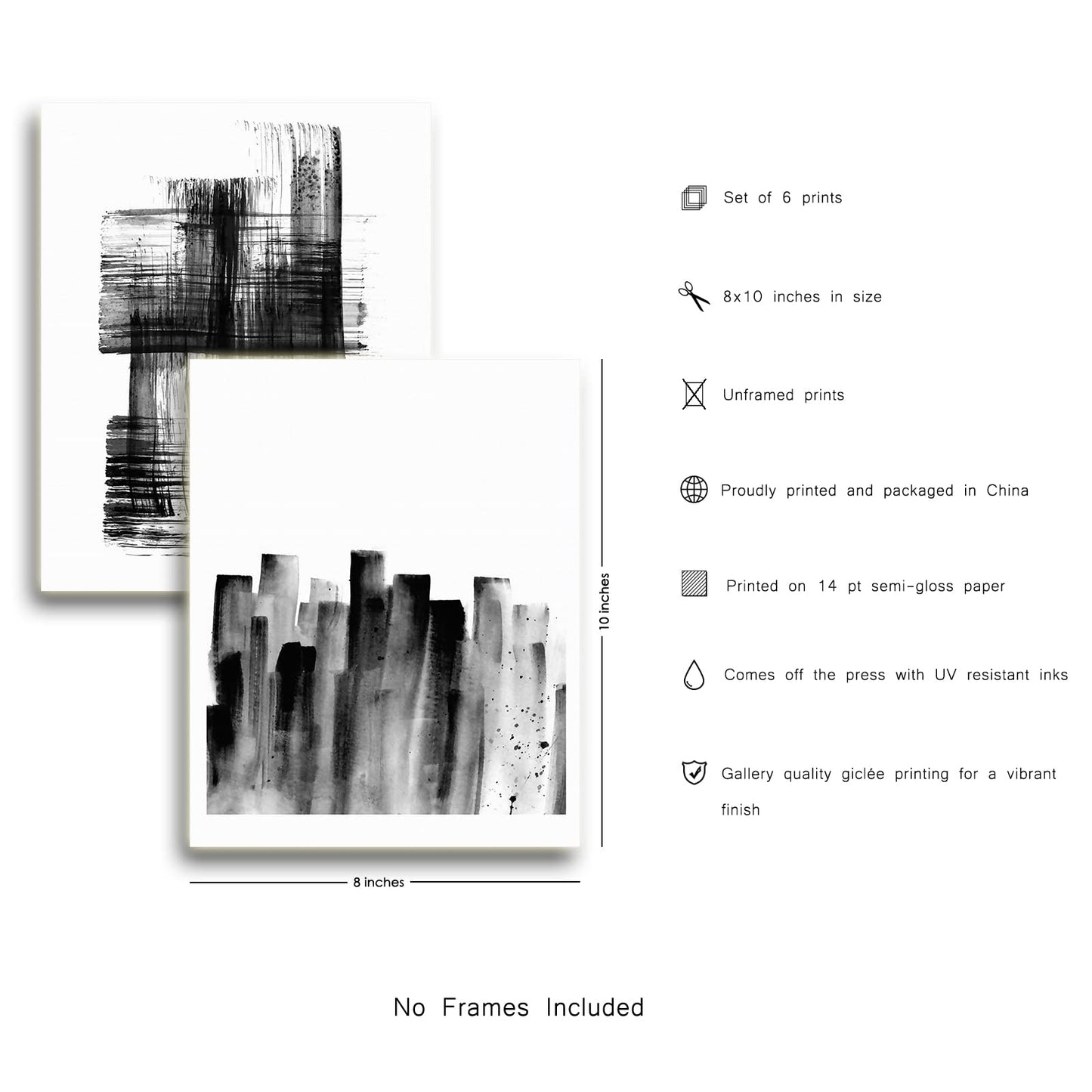 Abstract Black And White Prints - Grey Writing Brush Line Wall Art Pictures for Office Decoration Unframed 8 x 10 Inches 6 Pieces Minimalist Style Paper Paintings Decor for Kitchen Bedroom Living Room