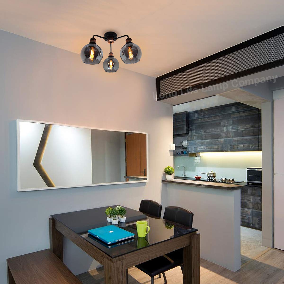 - Modern Grey Glass Ceiling Light | 3 Globe Shades | Round Chandelier -