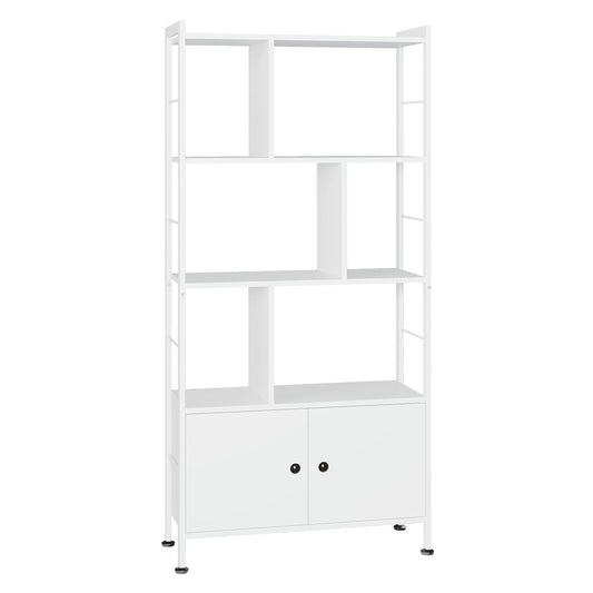 4 Tier Bookcase, Large Steel Frame Bookcase Wooden Cube Shelves Tall Storage Shelf Cupboard Organizer Display Industrial Style Free Standing Unit for Living Room, Office (White, 4 Tier with 2 Doors)