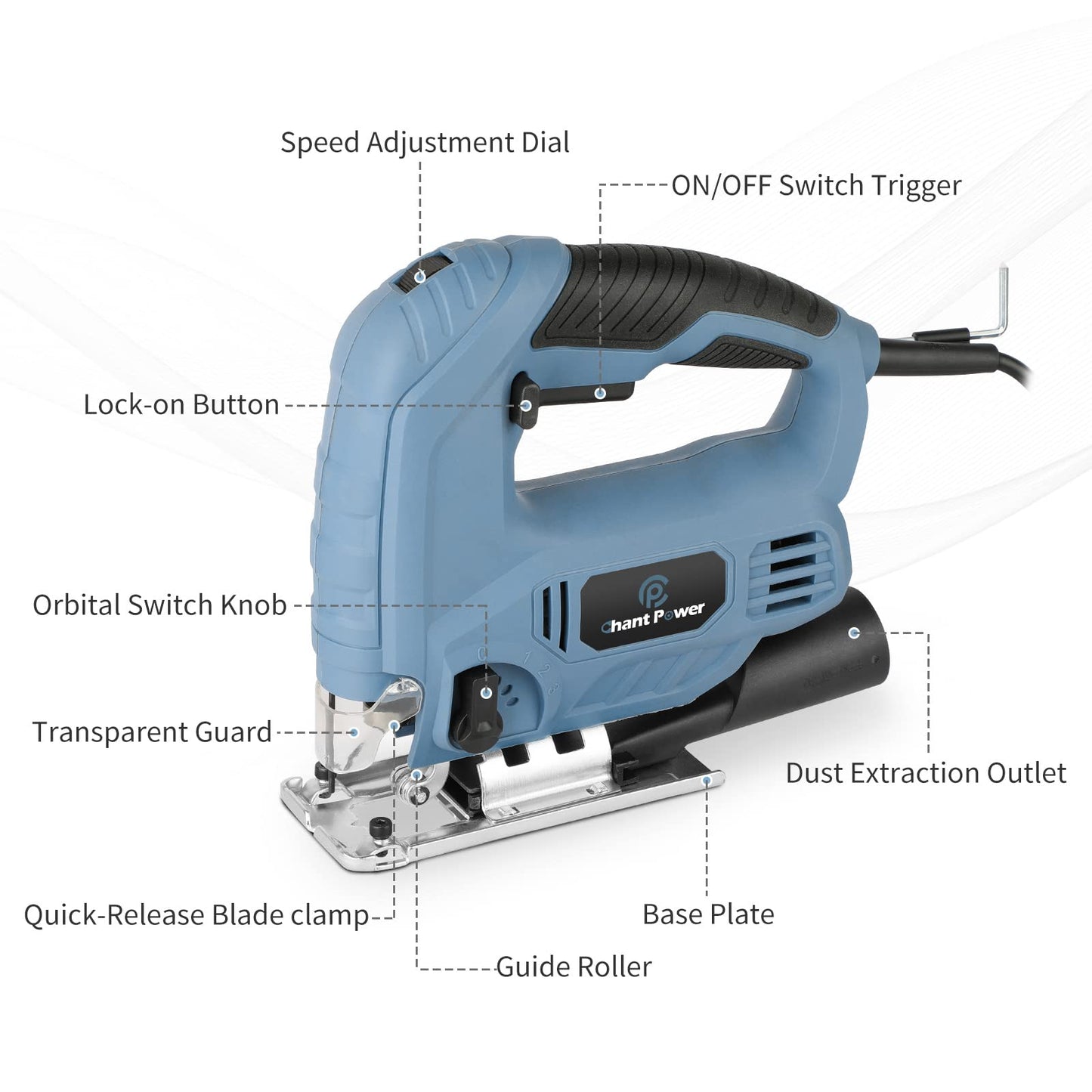 C P CHANTPOWER Jigsaw Tool, 600W 800-3000 SPM Jig Saw with 6 Variable Speed, 4 Orbital Sets, 6 T-Shank Saw Blades, Scale Ruler, ±45°Bevel Cutting Angle