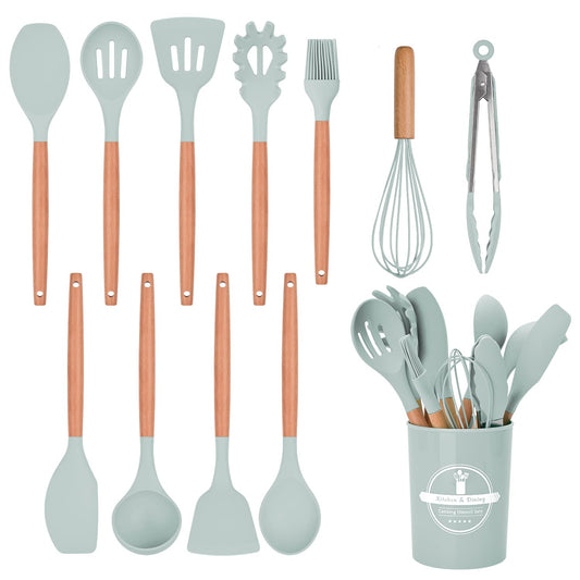 - FIOUSY Kitchen Utensil Set | 12 PCS Silicone Cooking Utensils Set | With Wooden Handle -