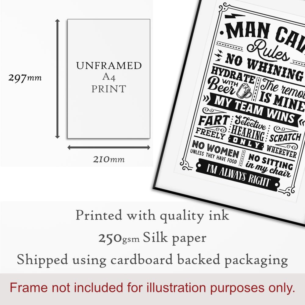 - Maise & Rose Man Cave Gift | Funny Man Cave Rules A4 Unframed Black and White Print | Man Cave Wall Art -
