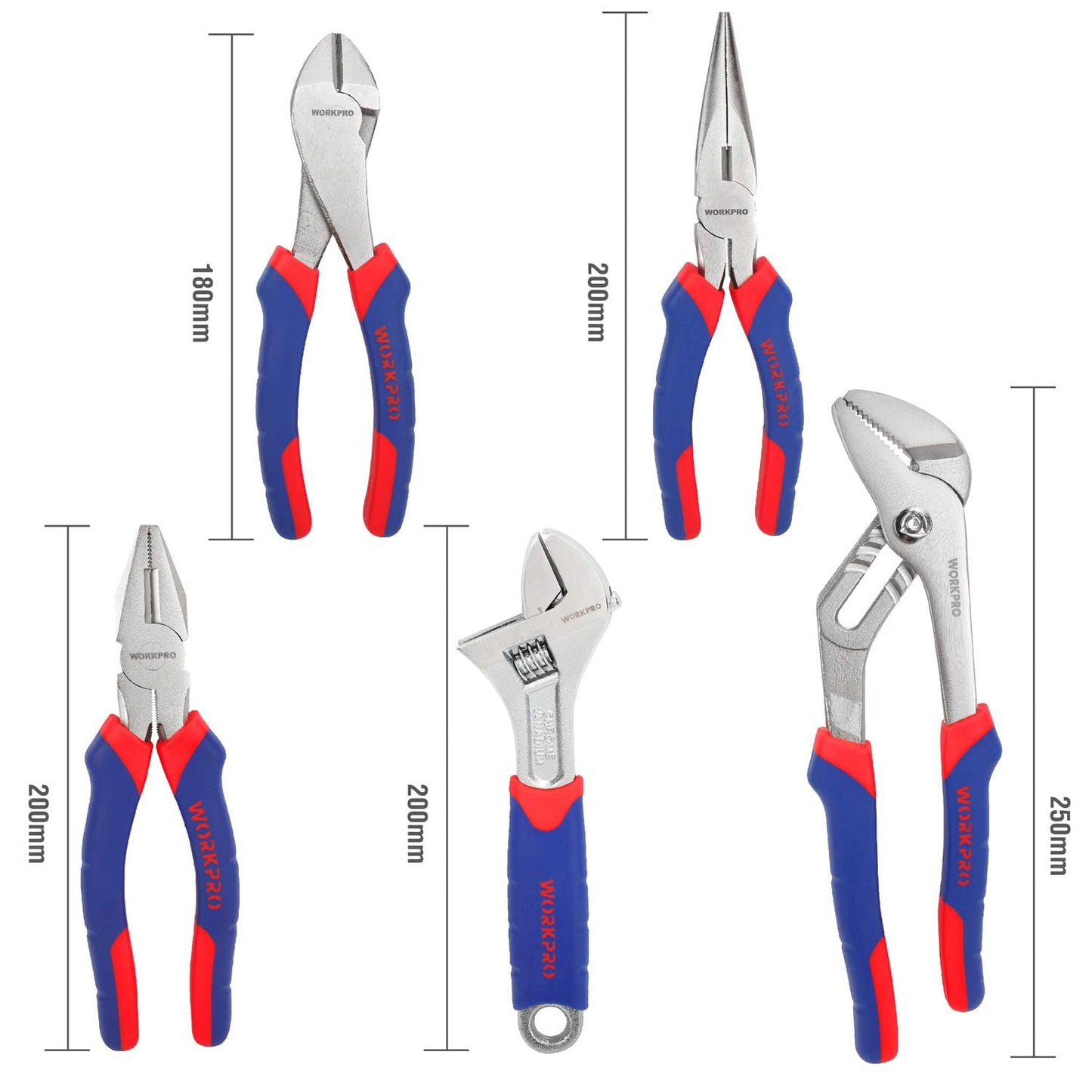 - WORKPRO 5-Piece Pliers Set, Includes 250nn Water Pump Plier, 200mm Combination Plier, 200mm Long Nose Plier, 180mm Diagonal Cutter, 200mm Adjustable Wrench, with Soft Grip Handles