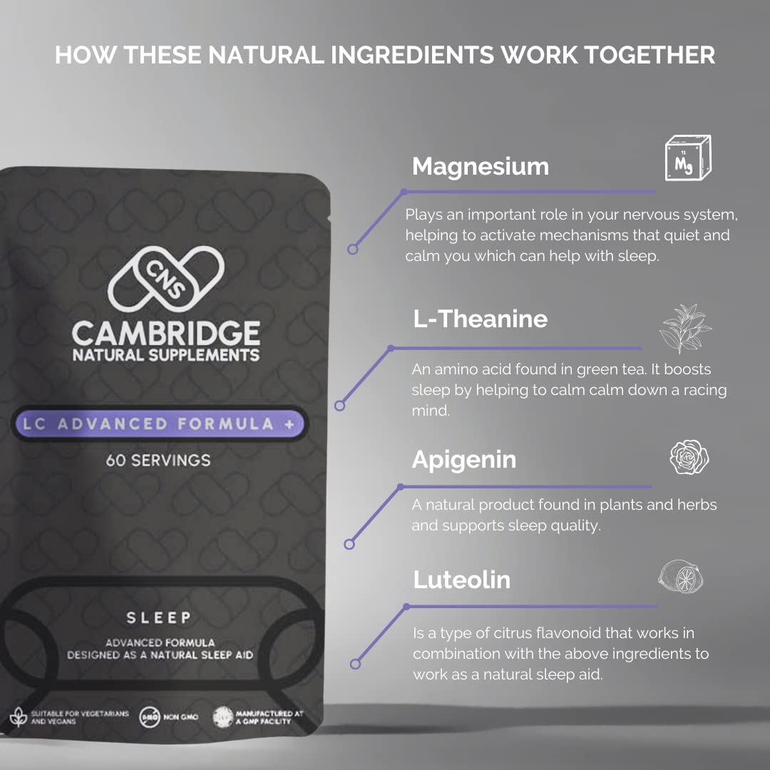 - Sleep LC Advanced Formula+ | Adult Sleeping Tablets | Magnesium Taurate | L-Theanine L Theanine | Apigenin | Luteolin | 60 Capsules | 1 Month Supply -