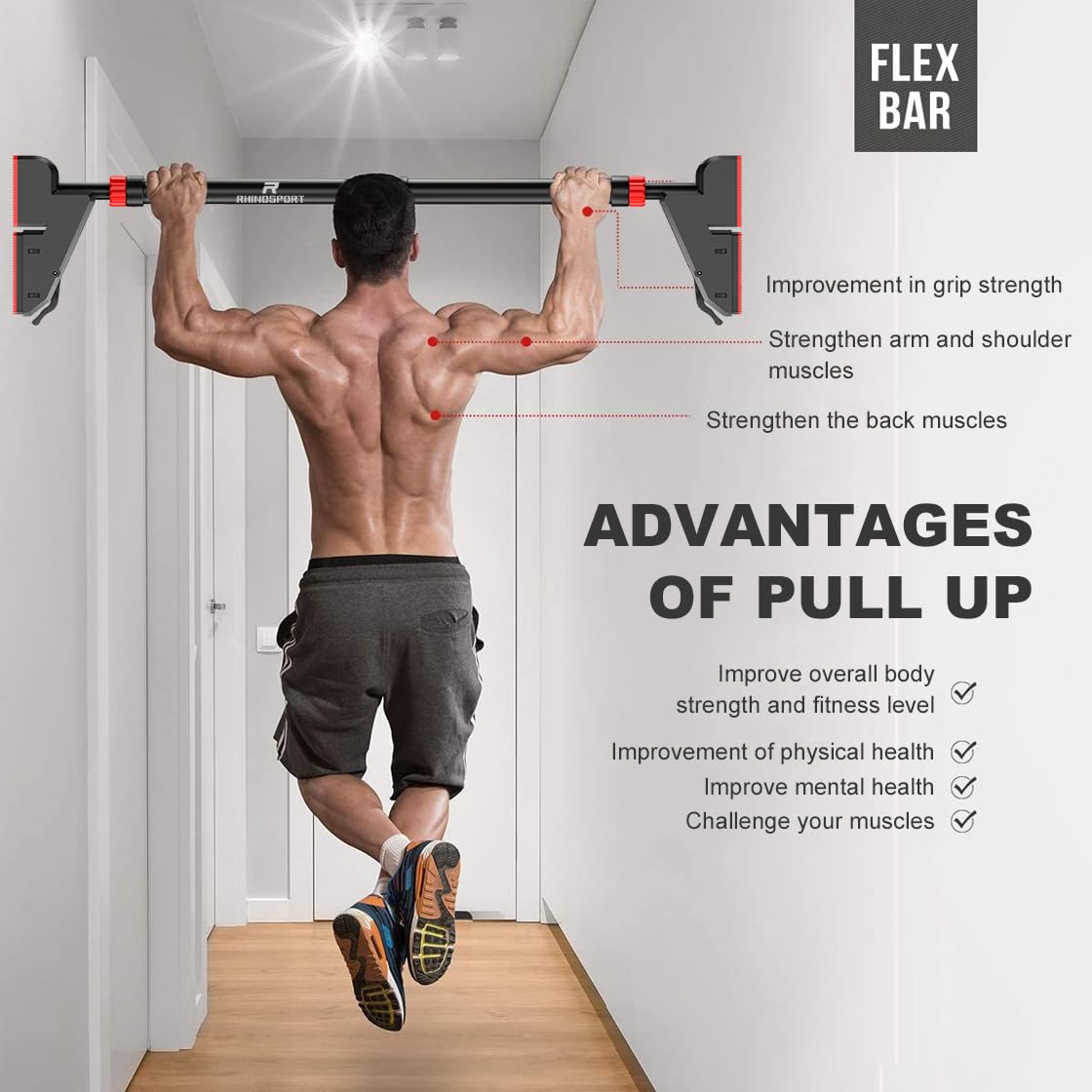 - RHINOSPORT Door Pull Up Bar |Chin Up Bar from 76-95 cm (29.9in-37.4in) | Load Bearing 881LBS -