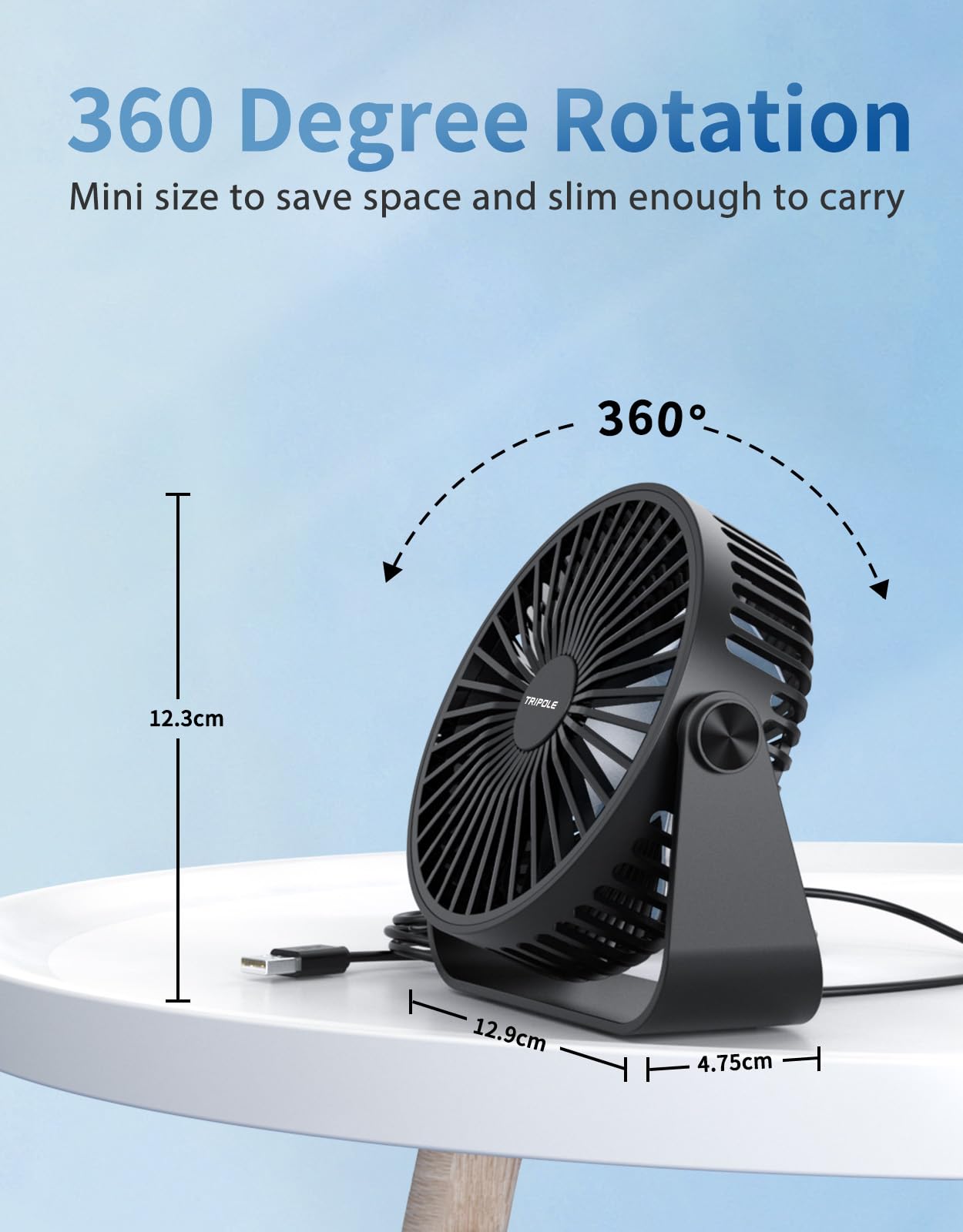 - TriPole USB Desk Fan | 3 Speeds Adjustable Strong Wind Table Fan | 360°Head Rotation | Indoor or Outdoor -