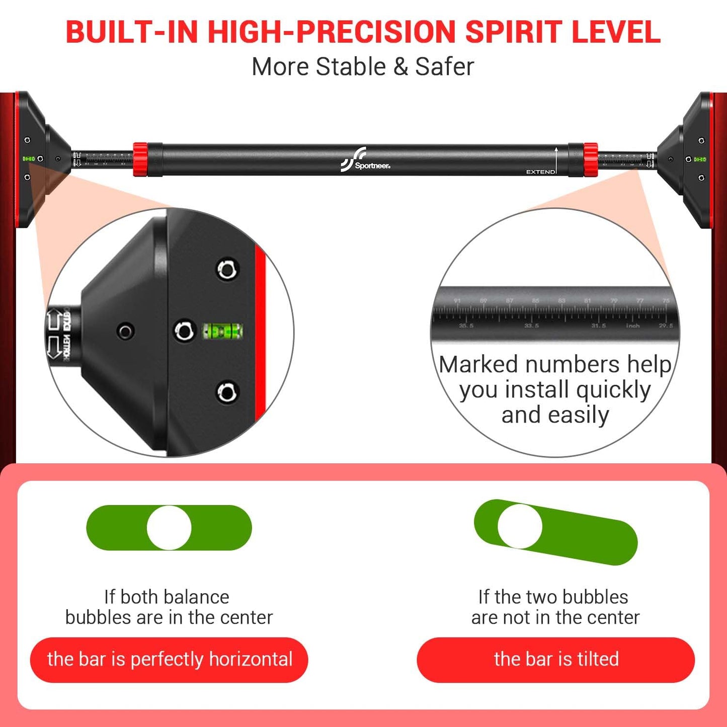 - Sportneer Pull Up Bar | Doorway Chin Up Bar | Adjustable 75-94cm (29.5in-37in) | Up to 200kg Capacity -